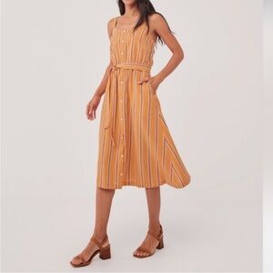 Pact Linen Blend Orange Striped Canopy Picnic Button Front Dress